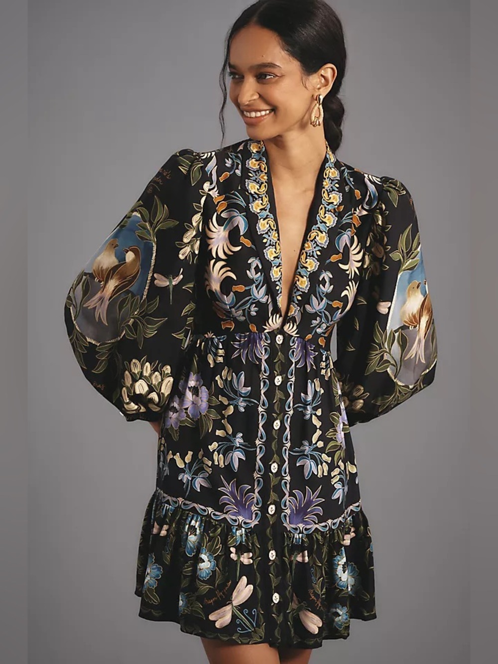 NWT FARM Rio Winter Garden Mini Dress XL Bird Floral Puff Sleeve Boho Dress $248 - Picture 1 of 16